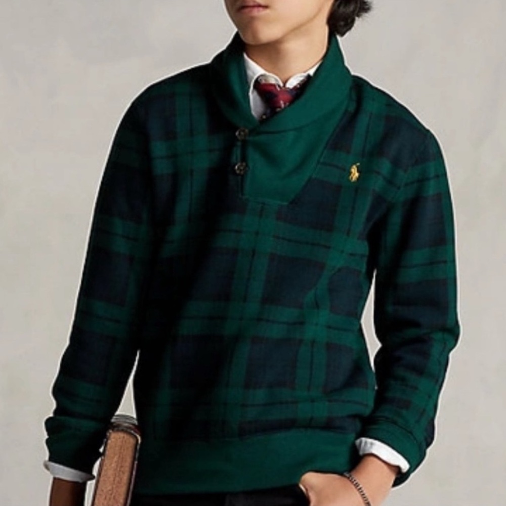 Polo Ralph Lauren Plaid Fleece Shawl Collar Fleece Lined Sweatshirt, Boys size 5